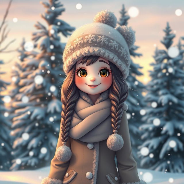 A beautiful snow girl standing in a winter wonderland scene, wearing a stylish, cozy winter outfit with a fluffy hat and scarf, surrounded by gently falling snowflakes