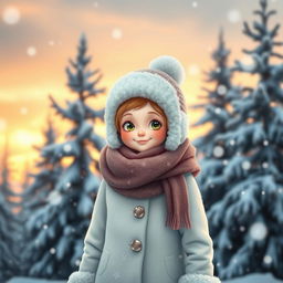 A beautiful snow girl standing in a winter wonderland scene, wearing a stylish, cozy winter outfit with a fluffy hat and scarf, surrounded by gently falling snowflakes