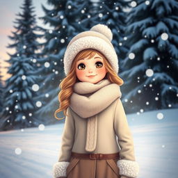 A beautiful snow girl standing in a winter wonderland scene, wearing a stylish, cozy winter outfit with a fluffy hat and scarf, surrounded by gently falling snowflakes