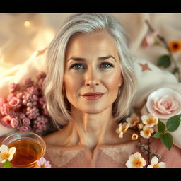 A beautiful mature Russian woman with high cheekbones, clear skin, and a well-groomed appearance, depicted in an artistic setting where she embodies tranquility and wellness