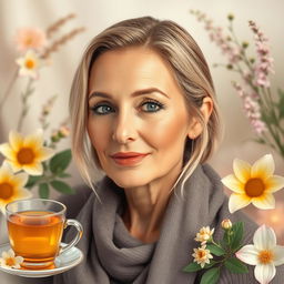 A beautiful mature Russian woman with high cheekbones, clear skin, and a well-groomed appearance, depicted in an artistic setting where she embodies tranquility and wellness
