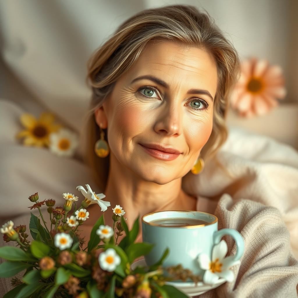 A beautiful mature Russian woman with high cheekbones, clear skin, and a well-groomed appearance, depicted in an artistic setting where she embodies tranquility and wellness