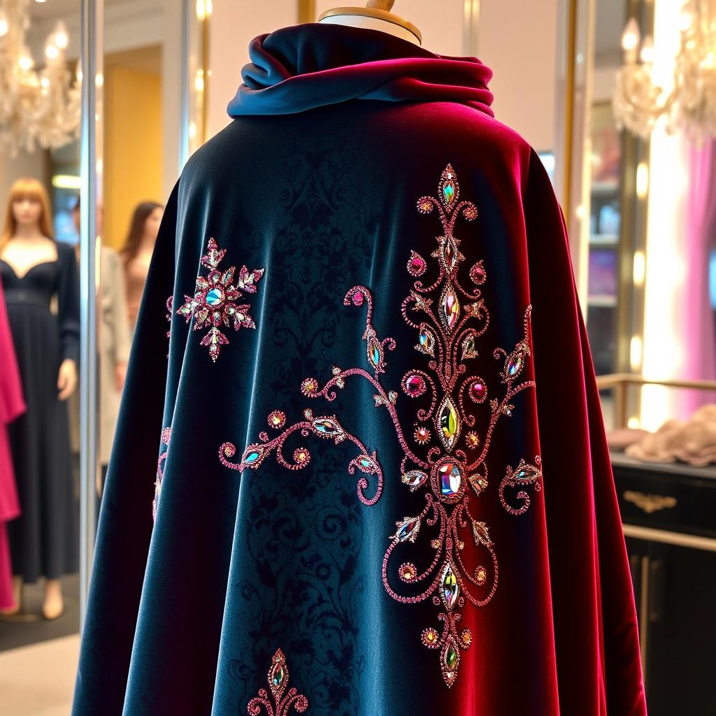 A luxurious velvet manteau (cloak) adorned with intricate jewel embroidery, showcasing a rich texture and vibrant colors