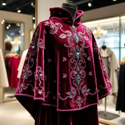 A luxurious velvet manteau (cloak) adorned with intricate jewel embroidery, showcasing a rich texture and vibrant colors