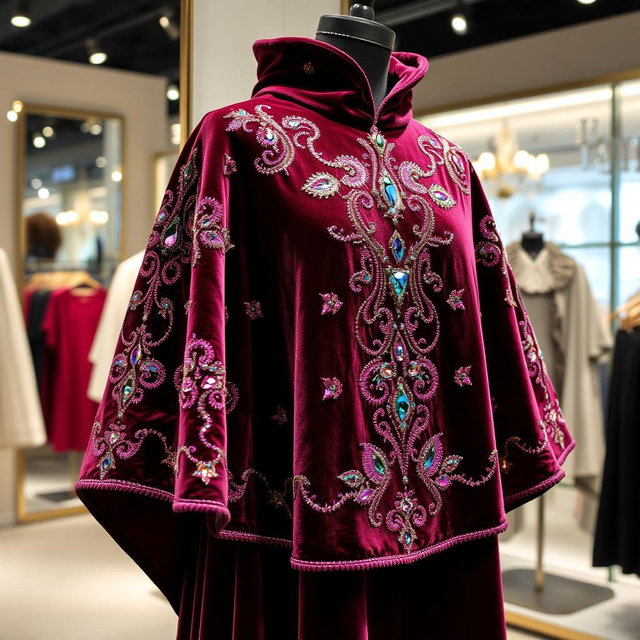 A luxurious velvet manteau (cloak) adorned with intricate jewel embroidery, showcasing a rich texture and vibrant colors