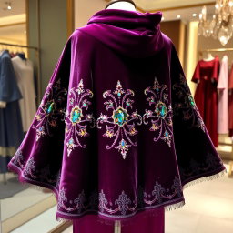 A luxurious velvet manteau (cloak) adorned with intricate jewel embroidery, showcasing a rich texture and vibrant colors