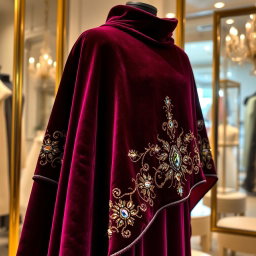 A luxurious velvet manteau (cloak) adorned with intricate jewel embroidery, showcasing a rich texture and vibrant colors