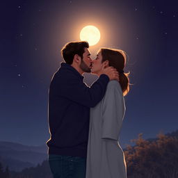 A romantic scene featuring a couple embracing passionately under a starry night sky