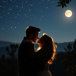A romantic scene featuring a couple embracing passionately under a starry night sky