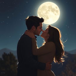 A romantic scene featuring a couple embracing passionately under a starry night sky