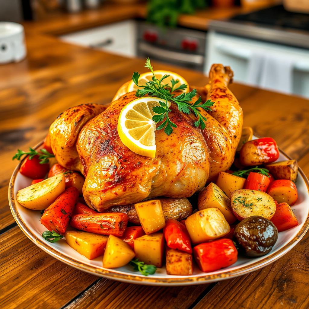A beautifully arranged plate of roasted chicken, garnished with fresh herbs and lemon slices, sitting on a rustic wooden table