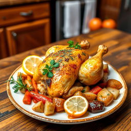 A beautifully arranged plate of roasted chicken, garnished with fresh herbs and lemon slices, sitting on a rustic wooden table