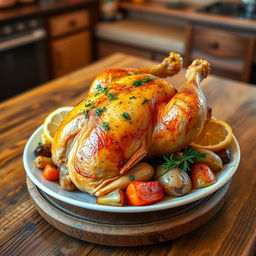 A beautifully arranged plate of roasted chicken, garnished with fresh herbs and lemon slices, sitting on a rustic wooden table