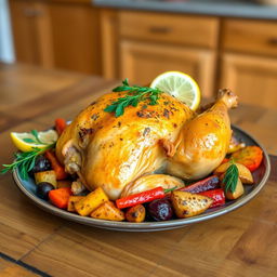 A beautifully arranged plate of roasted chicken, garnished with fresh herbs and lemon slices, sitting on a rustic wooden table