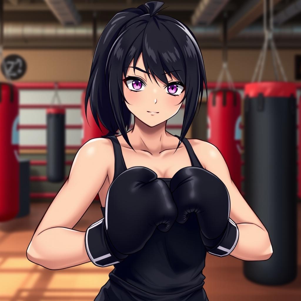 A tall female character, inspired by a Japanese light novel, stands confidently in a boxing gym