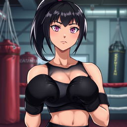 A tall female character, inspired by a Japanese light novel, stands confidently in a boxing gym