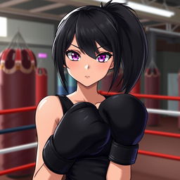 A tall female character, inspired by a Japanese light novel, stands confidently in a boxing gym