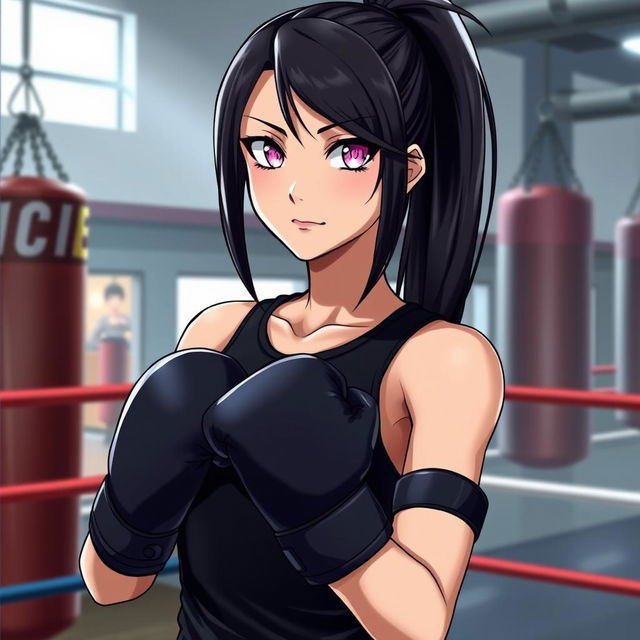 A tall female character, inspired by a Japanese light novel, stands confidently in a boxing gym