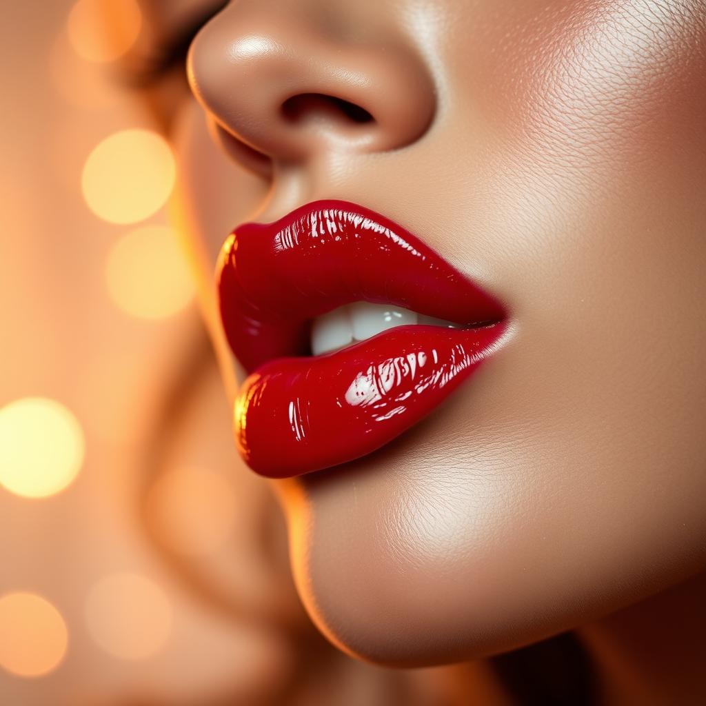 A glamorous close-up of a pair of vibrant red lips, glistening with a hint of gloss, pouting playfully