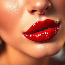 A glamorous close-up of a pair of vibrant red lips, glistening with a hint of gloss, pouting playfully