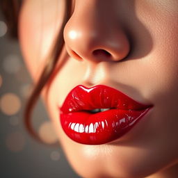 A glamorous close-up of a pair of vibrant red lips, glistening with a hint of gloss, pouting playfully