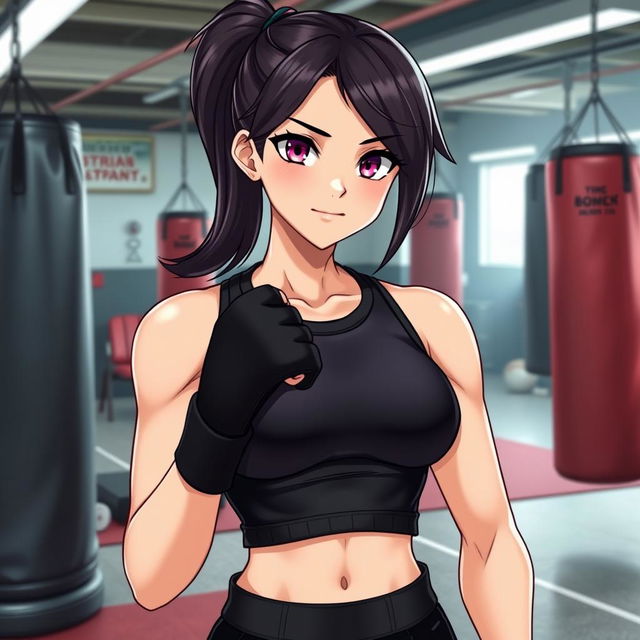 A tall female character with glossy black hair styled in a ponytail and glimmering pink eyes, dressed in a sleek black tank top that highlights her athletic build