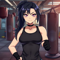 A tall female character with glossy black hair styled in a ponytail and glimmering pink eyes, dressed in a sleek black tank top that highlights her athletic build