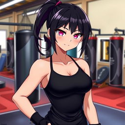 A tall female character with glossy black hair styled in a ponytail and glimmering pink eyes, dressed in a sleek black tank top that highlights her athletic build