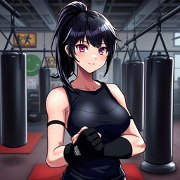 A tall female character with glossy black hair styled in a ponytail and glimmering pink eyes, dressed in a sleek black tank top that highlights her athletic build