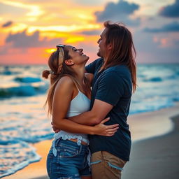 A romantic scene featuring a couple sharing a passionate kiss, their arms wrapped around each other in a warm embrace