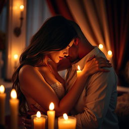 An artistic representation of sensual intimacy between two adults, focusing on the emotional connection and tenderness of the moment