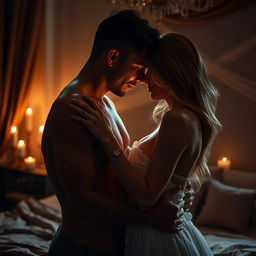 An artistic representation of sensual intimacy between two adults, focusing on the emotional connection and tenderness of the moment