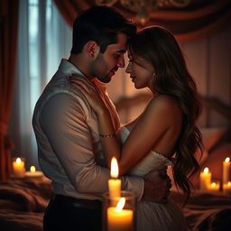 An artistic representation of sensual intimacy between two adults, focusing on the emotional connection and tenderness of the moment