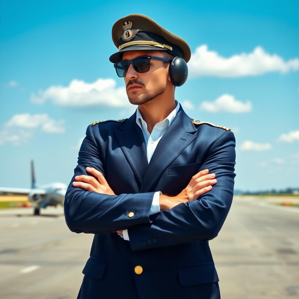 A man dressed in a stylish pilot uniform, complete with a classic pilot's hat and aviator sunglasses