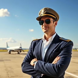 A man dressed in a stylish pilot uniform, complete with a classic pilot's hat and aviator sunglasses