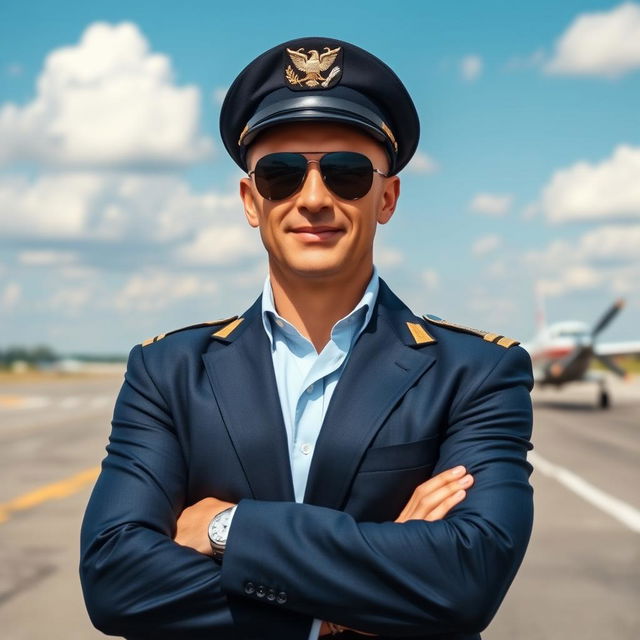 A man dressed in a stylish pilot uniform, complete with a classic pilot's hat and aviator sunglasses