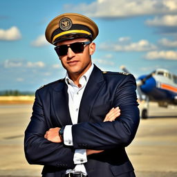 A man dressed in a stylish pilot uniform, complete with a classic pilot's hat and aviator sunglasses