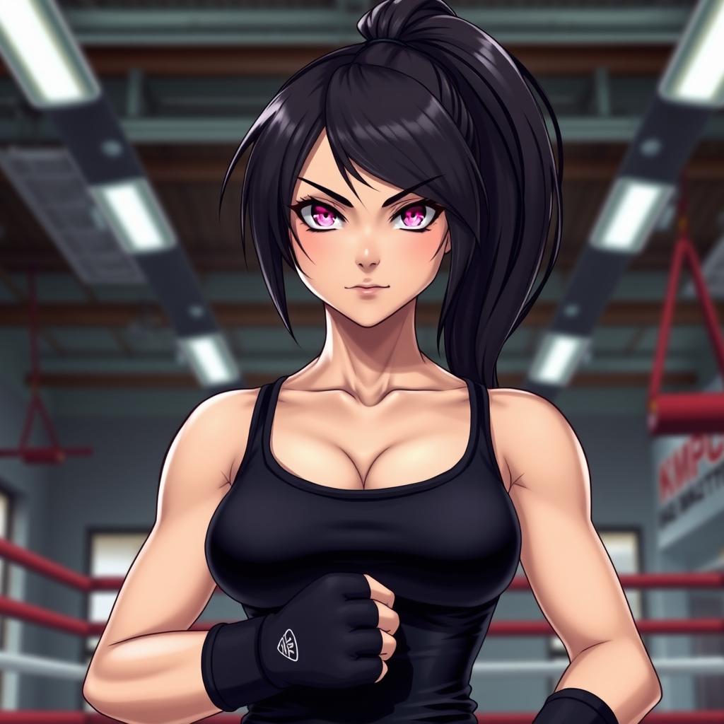 A tall female character in a vibrant boxing gym, showcasing her glossy black hair tied in a high ponytail and striking glimmering pink eyes