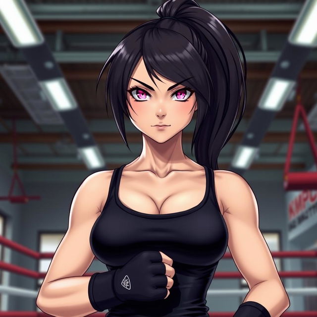 A tall female character in a vibrant boxing gym, showcasing her glossy black hair tied in a high ponytail and striking glimmering pink eyes