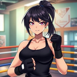 A tall female character in a vibrant boxing gym, showcasing her glossy black hair tied in a high ponytail and striking glimmering pink eyes