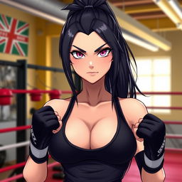 A tall female character in a vibrant boxing gym, showcasing her glossy black hair tied in a high ponytail and striking glimmering pink eyes