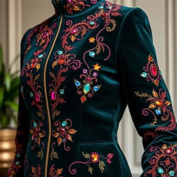 A luxurious velvet coat featuring intricate gemstone embroidery