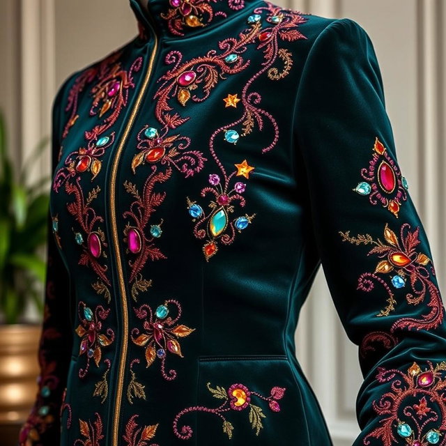 A luxurious velvet coat featuring intricate gemstone embroidery