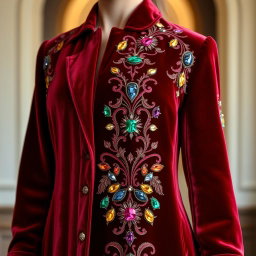 A luxurious velvet coat featuring intricate gemstone embroidery