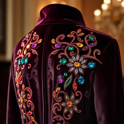 A luxurious velvet coat featuring intricate gemstone embroidery