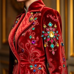 A luxurious velvet coat featuring intricate gemstone embroidery