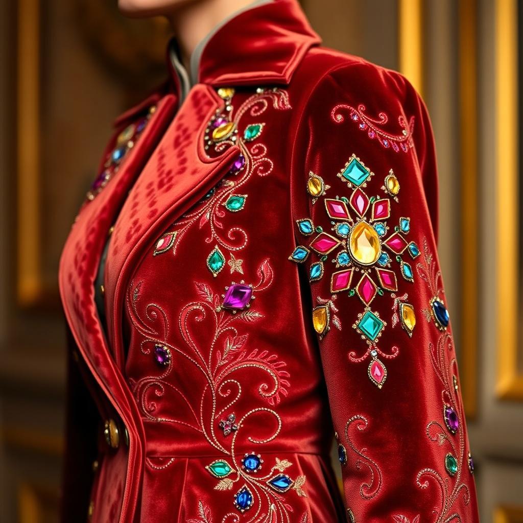 A luxurious velvet coat featuring intricate gemstone embroidery
