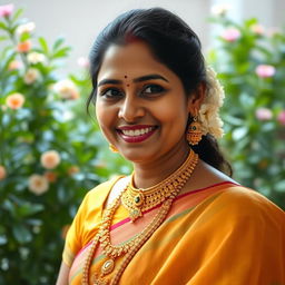 A portrait of a confident Tamil woman in traditional attire, featuring intricate gold jewelry and a vibrant saree