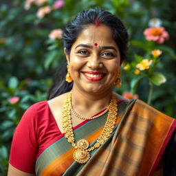 A portrait of a confident Tamil woman in traditional attire, featuring intricate gold jewelry and a vibrant saree