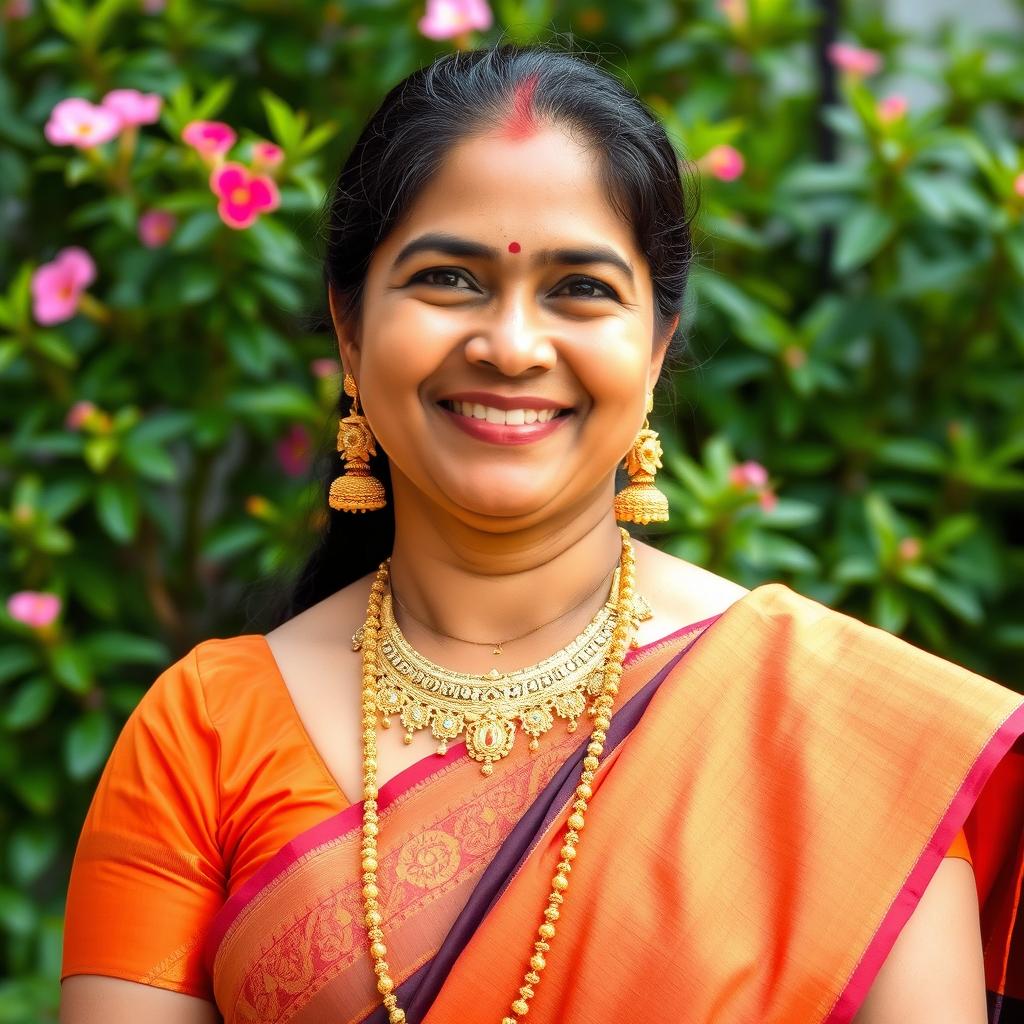 A portrait of a confident Tamil woman in traditional attire, featuring intricate gold jewelry and a vibrant saree